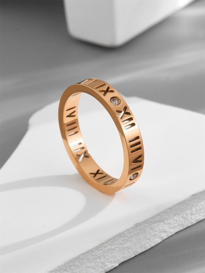Jewelry Manufacturer Wholesales Simple Roman Numeral Stone-Studded Rings and Hollow Stainless Steel Couple Rings, E...