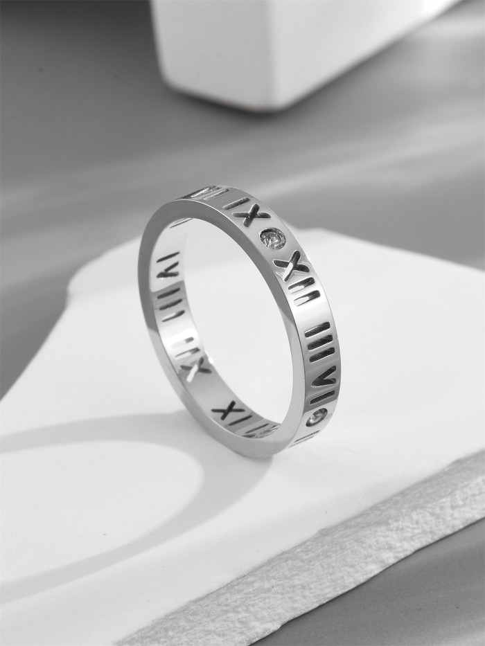 Jewelry Manufacturer Wholesales Simple Roman Numeral Stone-Studded Rings and Hollow Stainless Steel Couple Rings, E...