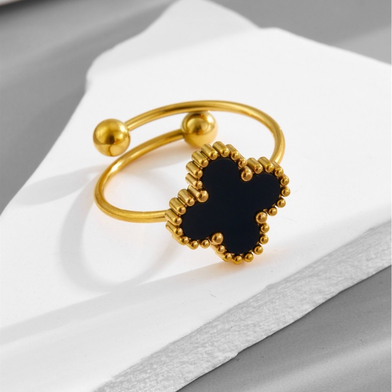 Stylish and trendy stainless steel four-leaf clover ring, simple and versatile, ins-style 18k gold adjustable ring for women