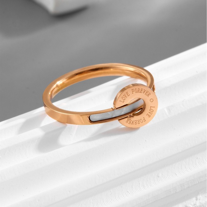 Japanese and Korean Style Letter Round Pendant Natural White Mother-of-pearl Ring 18K Rose Gold Minimalist Style Inde...