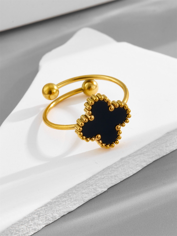 Stylish and Trendy Stainless Steel Four-leaf Clover Ring, Simple and Versatile, Ins-style 18K Gold Adjustable Ring fo...