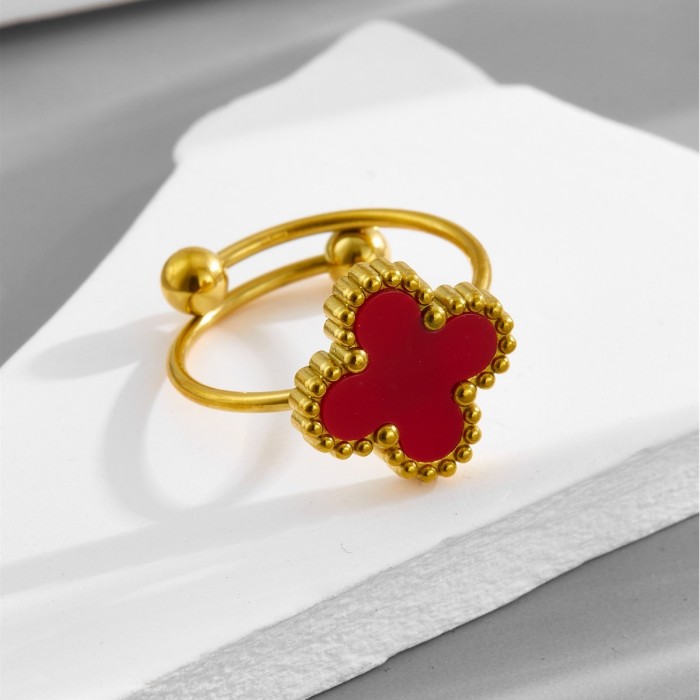 Stylish and Trendy Stainless Steel Four-leaf Clover Ring, Simple and Versatile, Ins-style 18K Gold Adjustable Ring fo...
