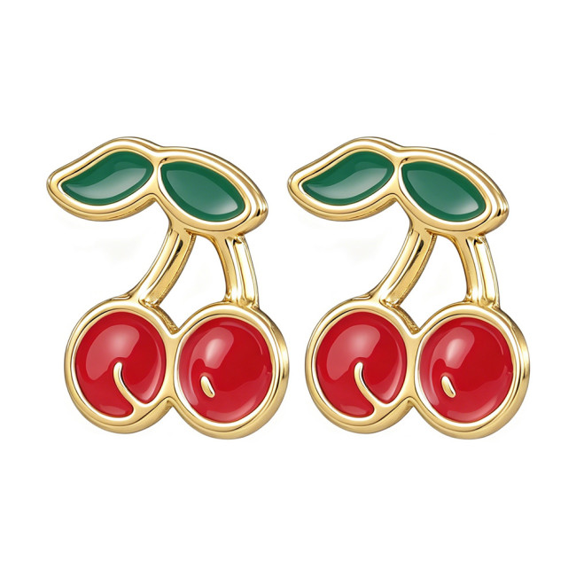 Enamel Cherry Stud Earrings for Women, Fashionable and Luxurious Stainless Steel Oil-Drip Earrings, High-End Commuting Versatile Earrings New