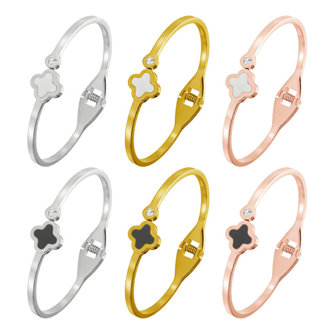 Korean-style fashion four-leaf clover titanium steel bracelet for women, simple and elegant rose gold open bangle, stainless steel non-fading accessory