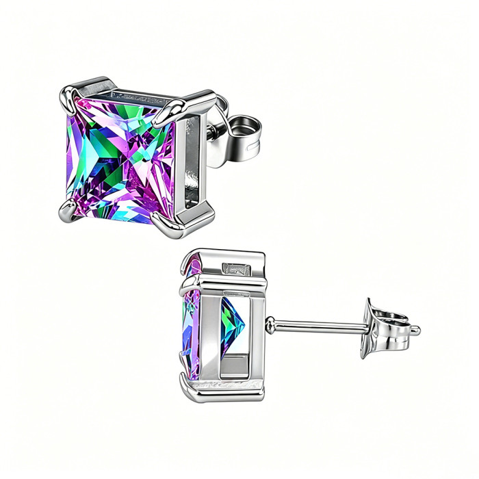 European and American style square zircon earrings, stainless steel earrings with colorful crystals, women's earrings, wholesale from the source manufacturer