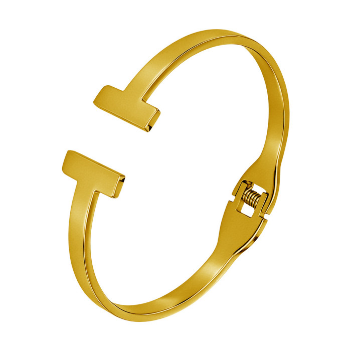 European and American minimalist double-T letter titanium steel open bracelet for women, light luxury with a high-end feel, rose gold and silver color couple's bracelet