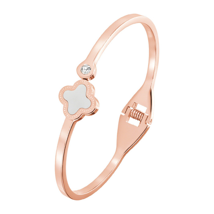 Korean-style fashion four-leaf clover titanium steel bracelet for women, simple and elegant rose gold open bangle, stainless steel non-fading accessory