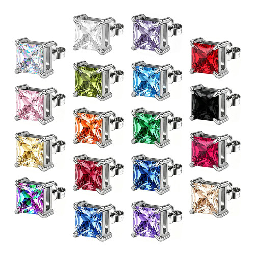 European and American style square zircon earrings, stainless steel earrings with colorful crystals, women's earrings, wholesale from the source manufacturer