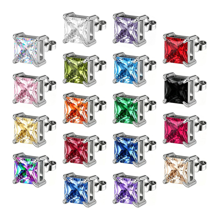 European and American style square zircon earrings, stainless steel earrings with colorful crystals, women's earrings, wholesale from the source manufacturer