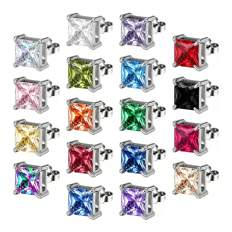 European and American style square zircon earrings, stainless steel earrings with colorful crystals, women's earrings, wholesale from the source manufacturer
