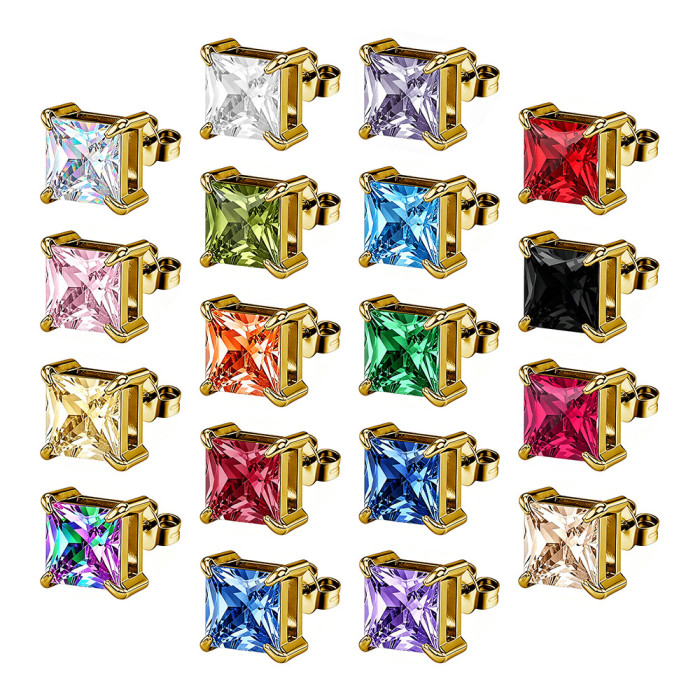European and American style square zircon earrings, stainless steel earrings with colorful crystal decorations, women's earrings, wholesale from the source manufacturer
