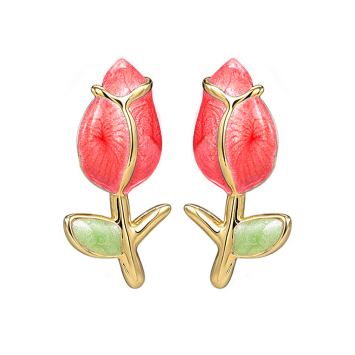Oil-dripping rose flower earrings for women, high-end luxury earrings, European and American jewelry, cross-border wholesale, direct supply from manufacturer