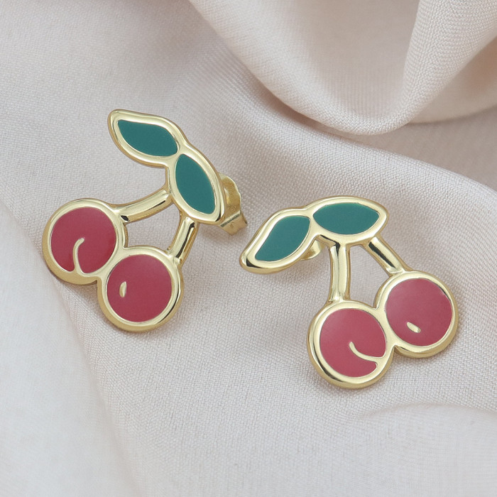 Enamel Cherry Stud Earrings for Women, Fashionable and Luxurious Stainless Steel Oil-Drip Earrings, High-End Commuting Versatile Earrings New