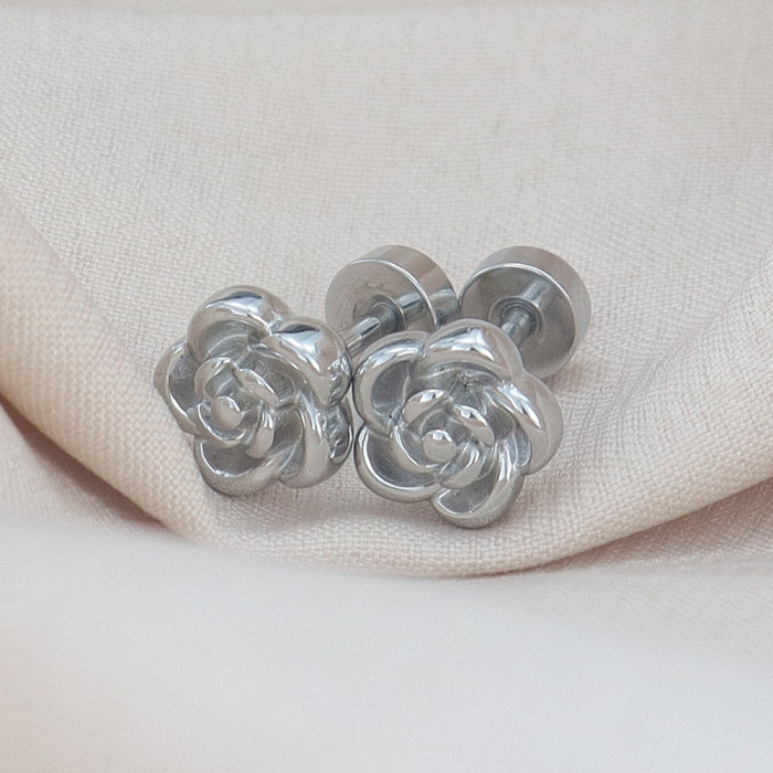 Titanium steel rose flower earrings for women, simple, fashionable, versatile, high-end earrings, stainless steel earrings with a niche design