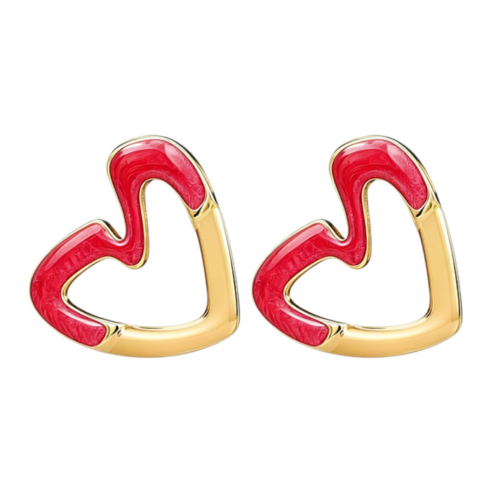European and American fashion heart-shaped hollow oil-drip earrings, titanium steel studs, unique heart-shaped earrings, high-end trendy ear accessories