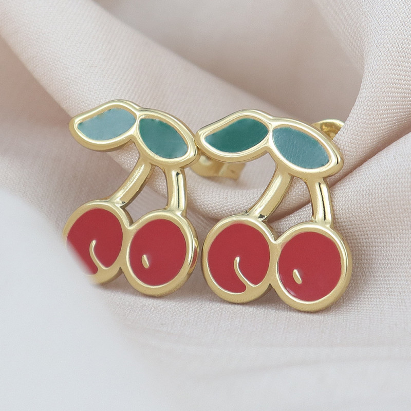 Enamel Cherry Stud Earrings for Women, Fashionable and Luxurious Stainless Steel Oil-Drip Earrings, High-End Commuting Versatile Earrings New