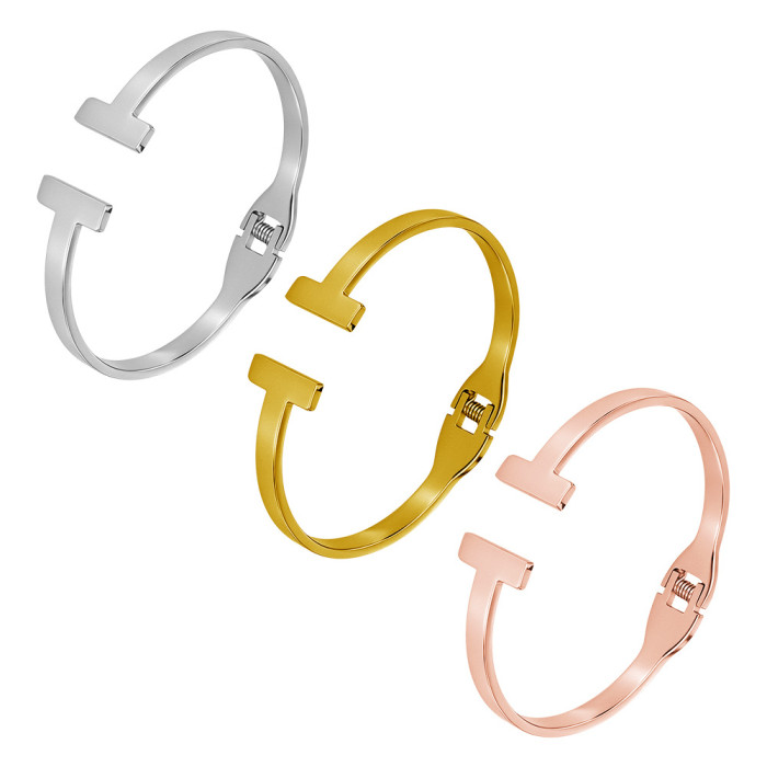 European and American minimalist double-T letter titanium steel open bracelet for women, light luxury with a high-end feel, rose gold and silver color couple's bracelet