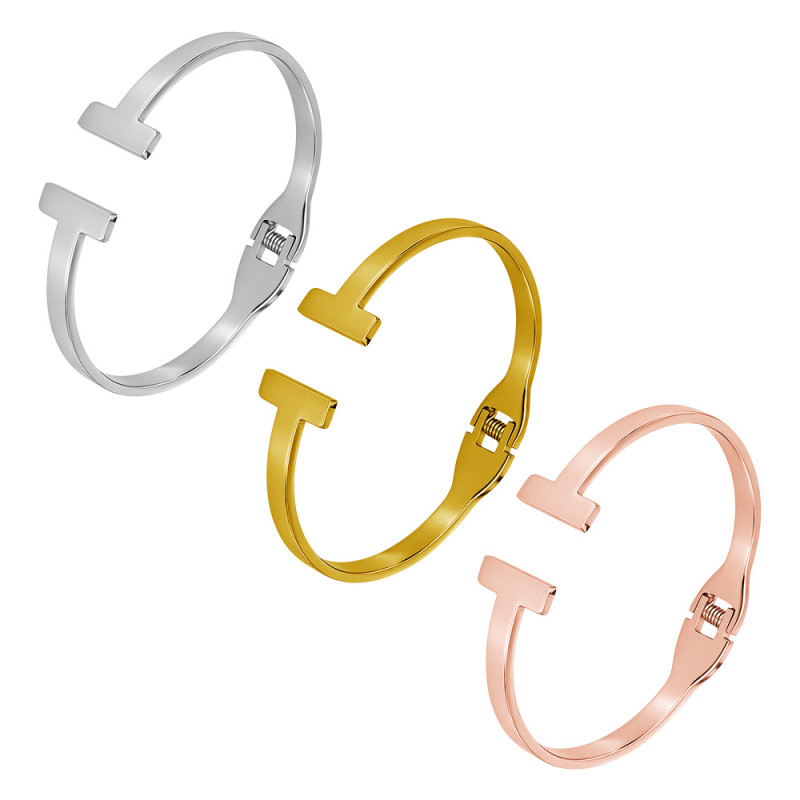 European and American minimalist double-T letter titanium steel open bracelet for women, light luxury with a high-end feel, rose gold and silver color couple's bracelet