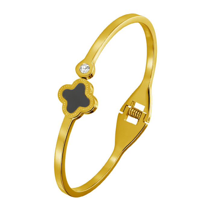 Korean-style fashion four-leaf clover titanium steel bracelet for women, simple and elegant rose gold open bangle, stainless steel non-fading accessory