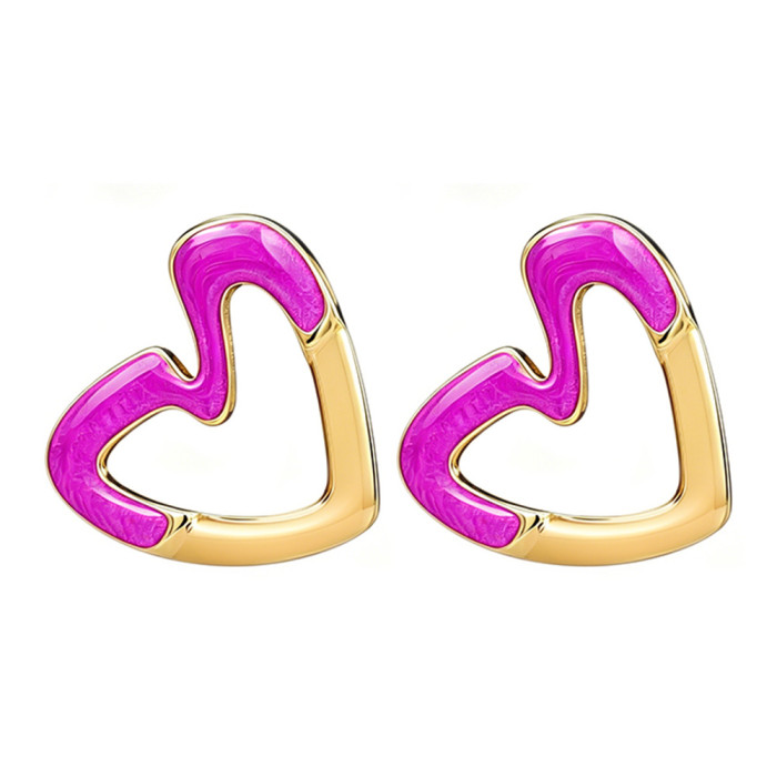 European and American fashion heart-shaped hollow oil-drip earrings, titanium steel studs, unique heart-shaped earrings, high-end trendy ear accessories