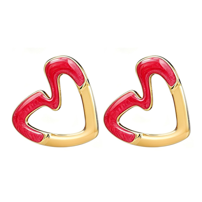 European and American fashion heart-shaped hollow oil-drip earrings, titanium steel studs, unique heart-shaped earrings, high-end trendy ear accessories