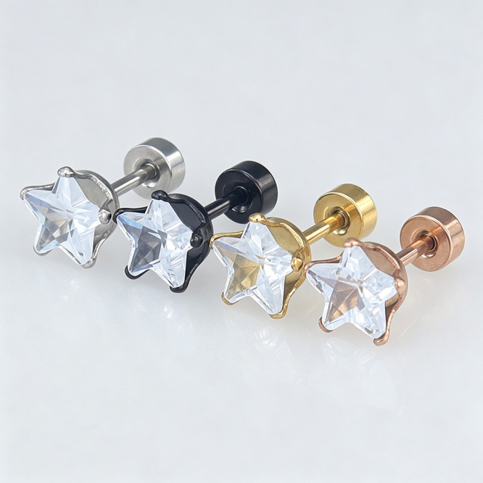 European and American minimalist titanium steel pentagram zirconia stud earrings and ear cuffs, unisex versatile cross-border fashion accessories, stainless steel