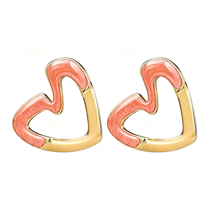 European and American fashion heart-shaped hollow oil-drip earrings, titanium steel studs, unique heart-shaped earrings, high-end trendy ear accessories