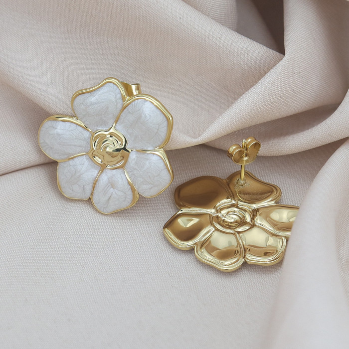 French-style vintage five-petal flower oil-drip earrings for women, stainless steel earrings, titanium steel earrings, European and American jewelry, cross-border wholesale