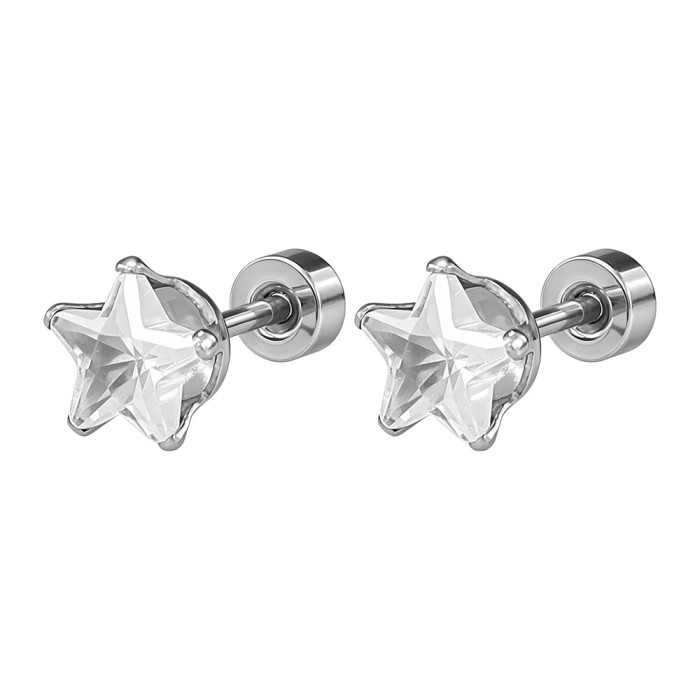 European and American minimalist titanium steel pentagram zirconia stud earrings and ear cuffs, unisex versatile cross-border fashion accessories, stainless steel