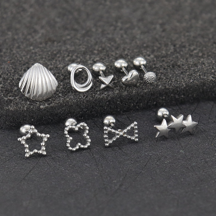 Titanium Steel Simple Ocean Style Earring Set, Unique Star-Shaped Shell Beaded Earrings, European and American Fashion Versatile Stud Earrings