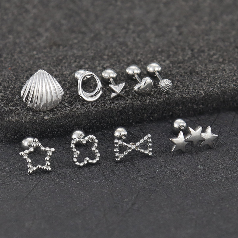 Titanium Steel Simple Ocean Style Earring Set, Unique Star-Shaped Shell Beaded Earrings, European and American Fashion Versatile Stud Earrings