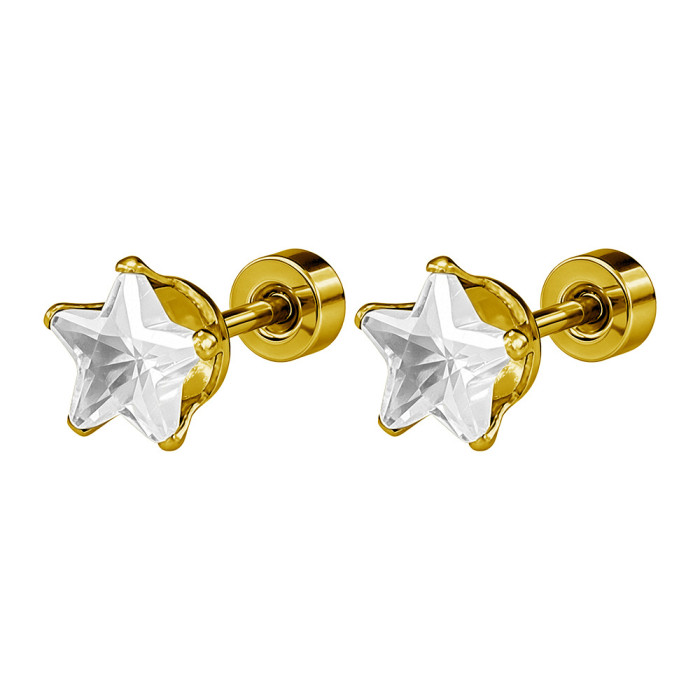European and American minimalist titanium steel pentagram zirconia stud earrings and ear cuffs, unisex versatile cross-border fashion accessories, stainless steel