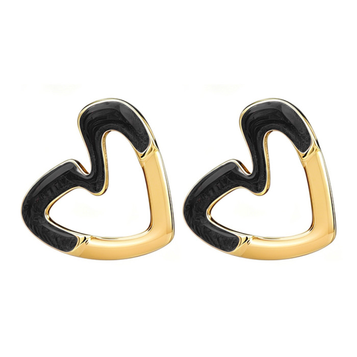 European and American fashion heart-shaped hollow oil-drip earrings, titanium steel studs, unique heart-shaped earrings, high-end trendy ear accessories