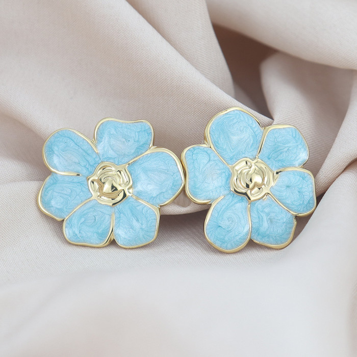 French-style vintage five-petal flower oil-drip earrings for women, stainless steel earrings, titanium steel earrings, European and American jewelry, cross-border wholesale