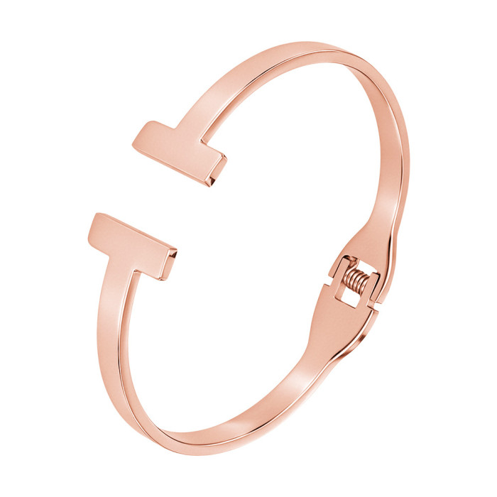 European and American minimalist double-T letter titanium steel open bracelet for women, light luxury with a high-end feel, rose gold and silver color couple's bracelet