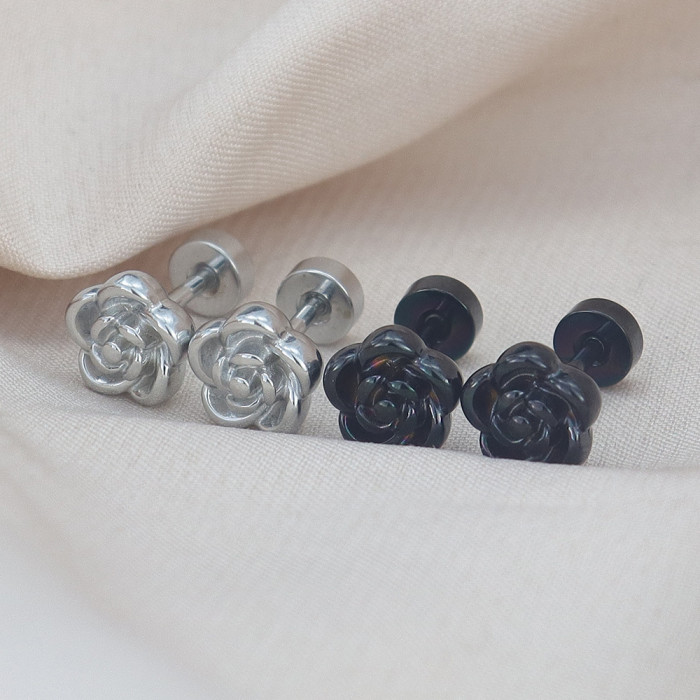 Titanium steel rose flower earrings for women, simple, fashionable, versatile, high-end earrings, stainless steel earrings with a niche design