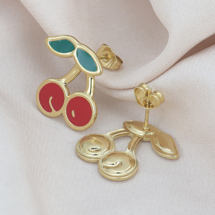 Enamel Cherry Stud Earrings for Women, Fashionable and Luxurious Stainless Steel Oil-Drip Earrings, High-End Commuting Versatile Earrings New