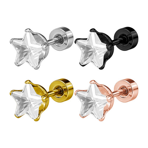 European and American minimalist titanium steel pentagram zirconia stud earrings and ear cuffs, unisex versatile cross-border fashion accessories, stainless steel