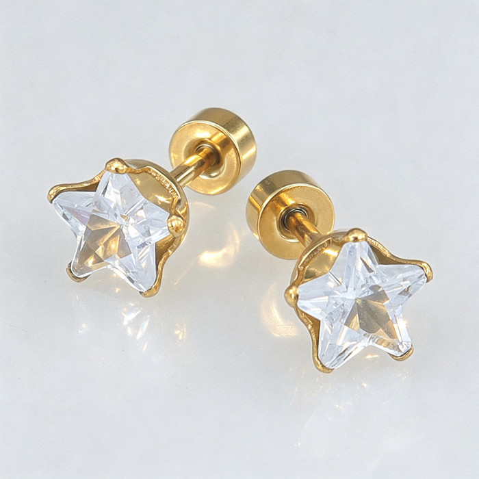European and American minimalist titanium steel pentagram zirconia stud earrings and ear cuffs, unisex versatile cross-border fashion accessories, stainless steel