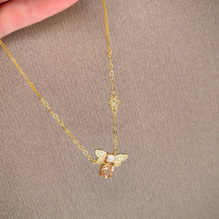 Cross-border minimalist pendant necklace, yellow crystal jewelry with diamonds, clavicle chain for women, little bee design