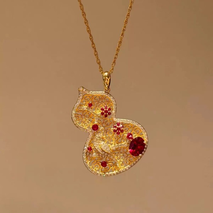 Chinese-style red corundum floral window fortune pendant, new Chinese-style hollow-out colorful diamond flower, magpie on plum blossom, gourd necklace for women
