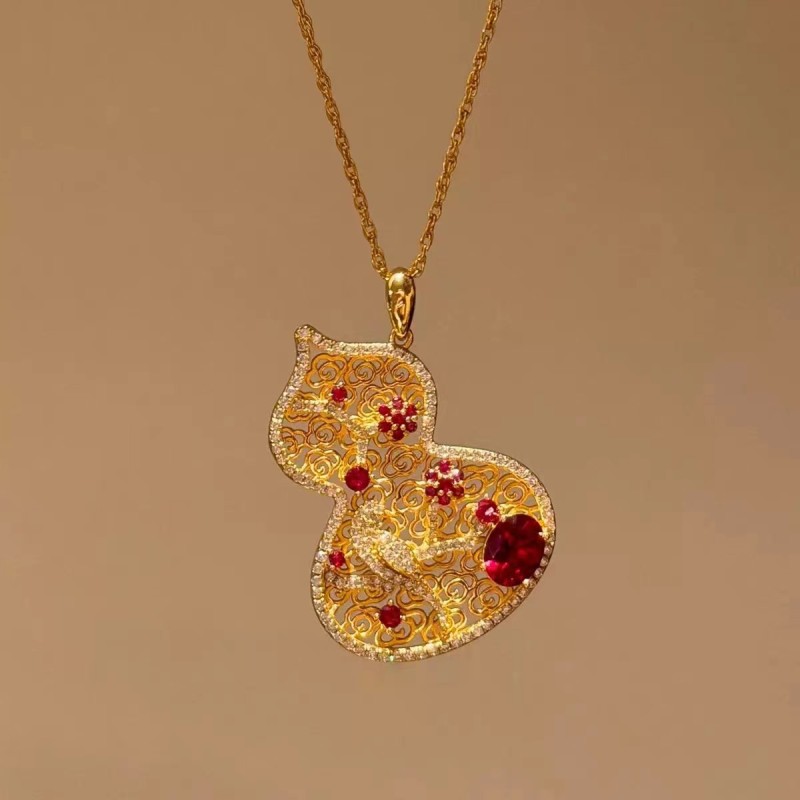 Chinese-style red corundum floral window fortune pendant, new Chinese-style hollow-out colorful diamond flower, magpie on plum blossom, gourd necklace for women
