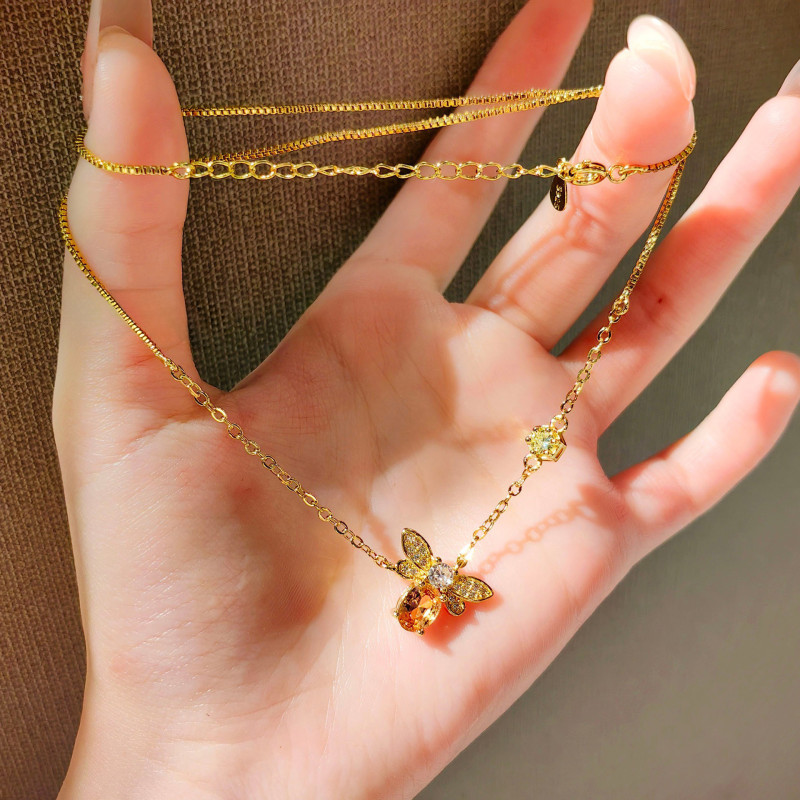 Cross-border minimalist pendant necklace, yellow crystal jewelry with diamonds, clavicle chain for women, little bee design