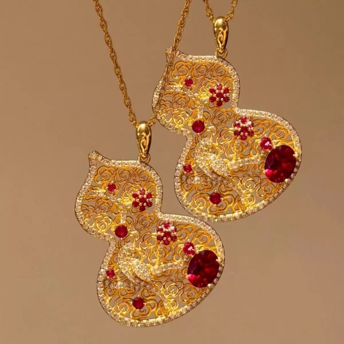 Chinese-style red corundum floral window fortune pendant, new Chinese-style hollow-out colorful diamond flower, magpie on plum blossom, gourd necklace for women