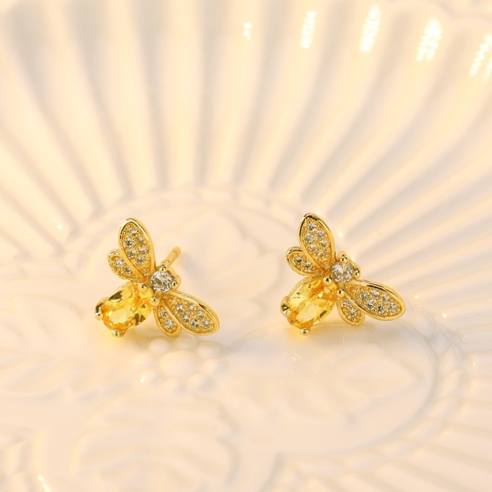 Cross-border simple yellow crystal jewelry set with diamond-encrusted little bee earrings, available for wholesale