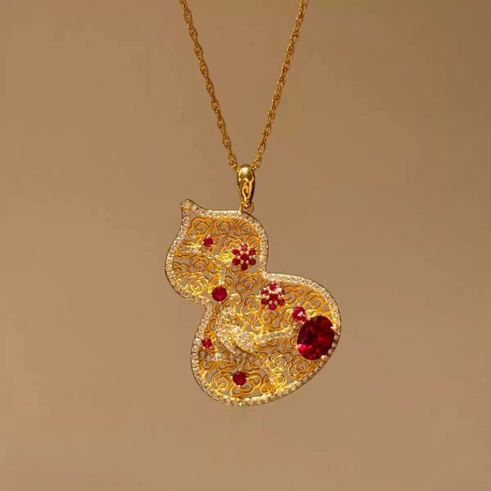 Chinese-style red corundum floral window fortune pendant, new Chinese-style hollow-out colorful diamond flower, magpie on plum blossom, gourd necklace for women