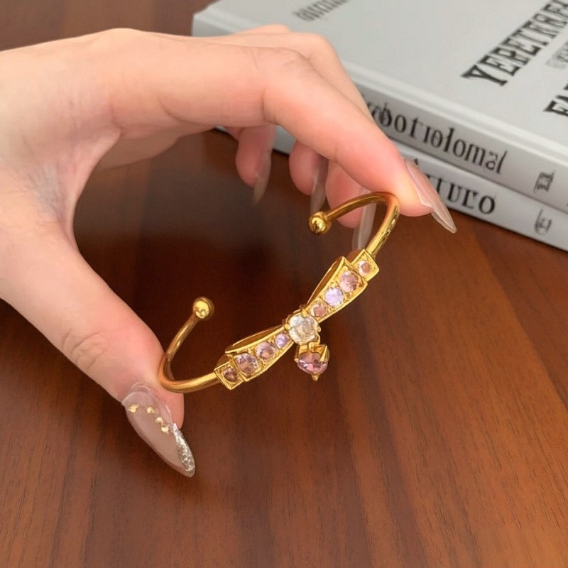 Bowknot personalized minimalist cool style diamond-embellished multi-element bracelet for women, open and adjustable