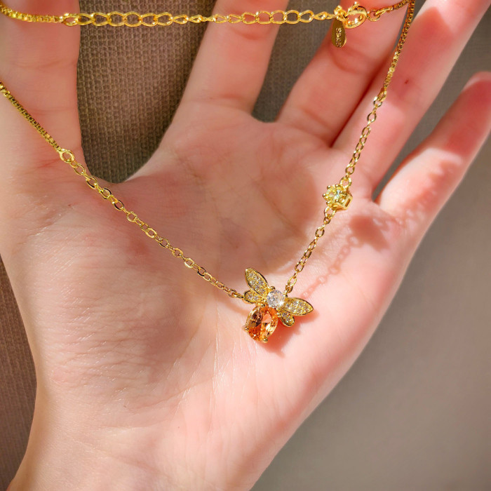 Cross-border minimalist pendant necklace, yellow crystal jewelry with diamonds, clavicle chain for women, little bee design