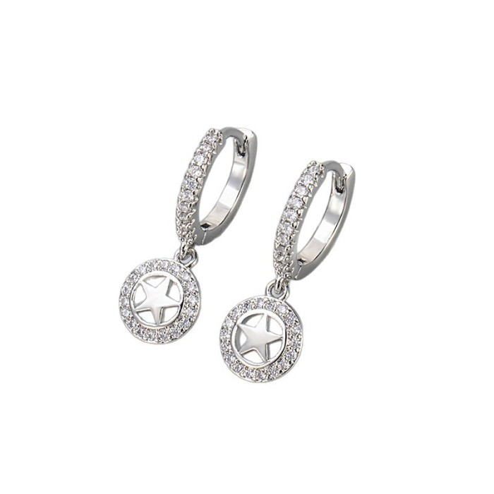 Luxury Fully Stone-Set Earrings for Women, Hollow Pentagram Pendant Hoop Earrings, Unique High-End Elegant Circle Earrings