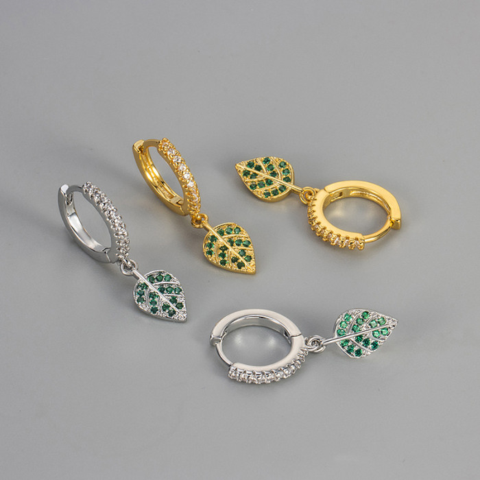 New Niche Design Fashion Light Luxury Green Stone Leaf Earrings Versatile High-end Earrings